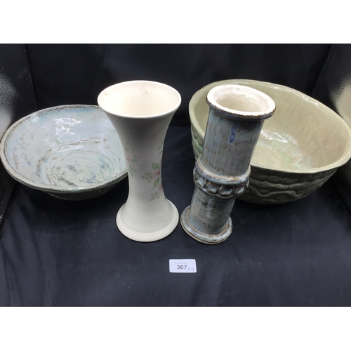 307 - 4x art pottery items to inc. 2x bowls, 2 x vases, inc. Aldridge vase