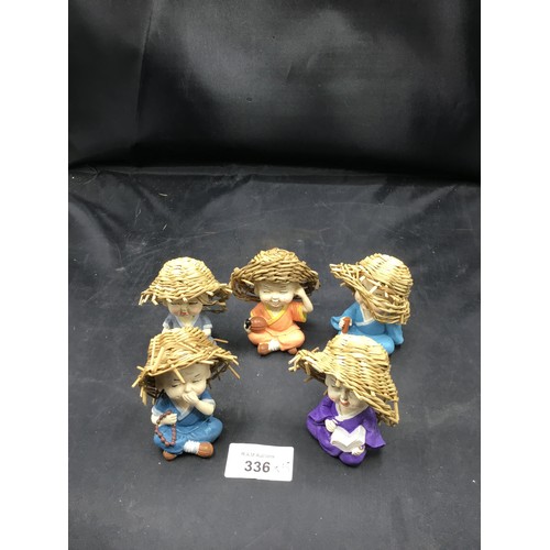 336 - Chinese figures in straw hats x 5 vintage/retro