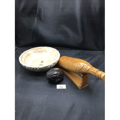 350 - Treen vintage puzzle bottle + wooden bowl + carved egg