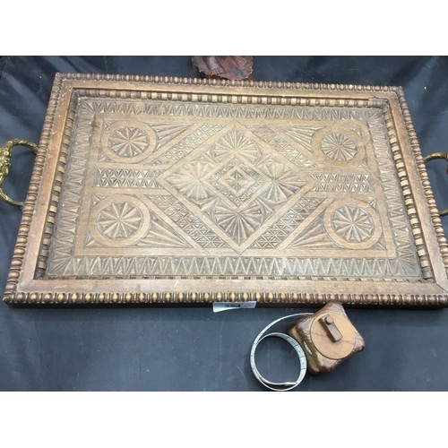 354 - Vintage treen tray + vintage treen measure + tribal figure