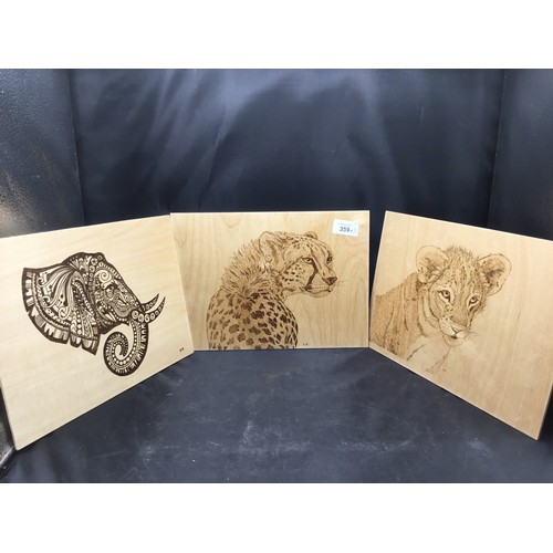 359 - Vintage signed burnt art x 3 has leopard elephant signed cf