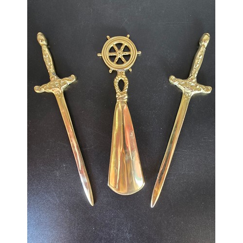 70 - Brass Ships Wheel Shoe Horn + 2 x Brass Sword Letter Openers