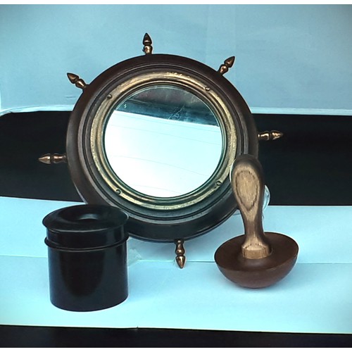 159 - Ships Wheel Mirror + Ebony Inkwell + Darning Mushroom