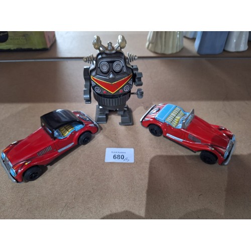 680 - 2x tin cars + one Japanese vintage wind up robot