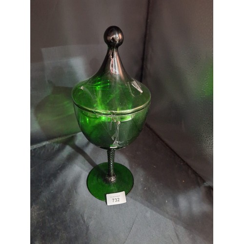 732 - Super large 14” green lidded goblet swirl stem glass