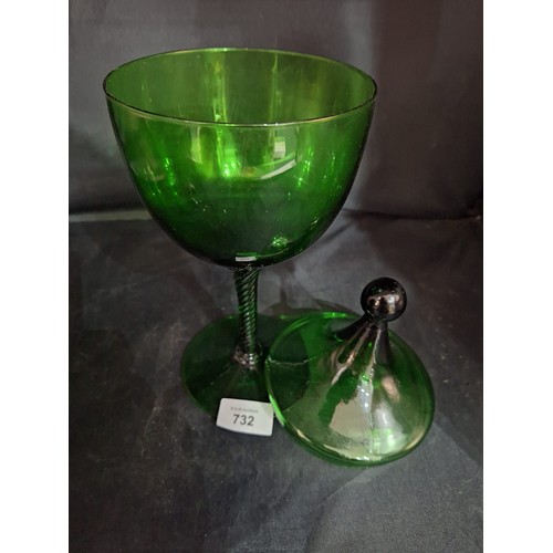 732 - Super large 14” green lidded goblet swirl stem glass