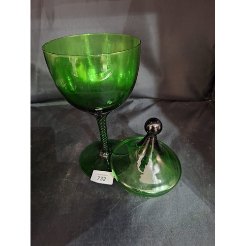 732 - Super large 14” green lidded goblet swirl stem glass