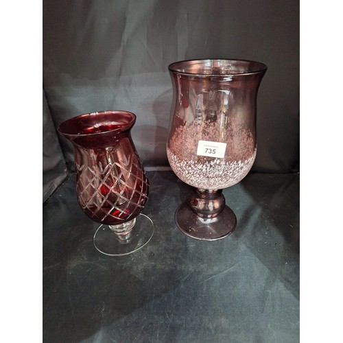 735 - Cranberry vase 12” + cranberry colour storm vase 14” +