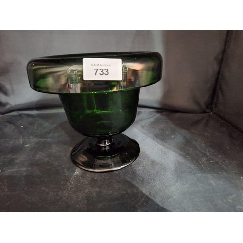 733 - Hand made green large vase with lip + footed