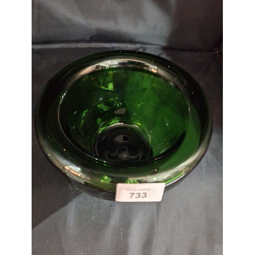 733 - Hand made green large vase with lip + footed