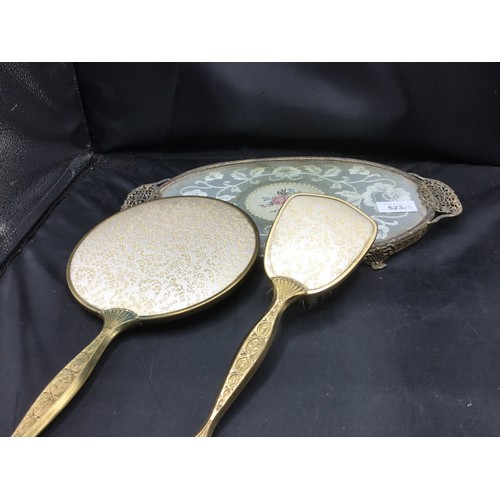 523 - Vintage dressing table tray + mirror + brush