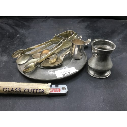 532 - Hand made pewter tray + various EPNS ware +  other original in pack shows glass cutter