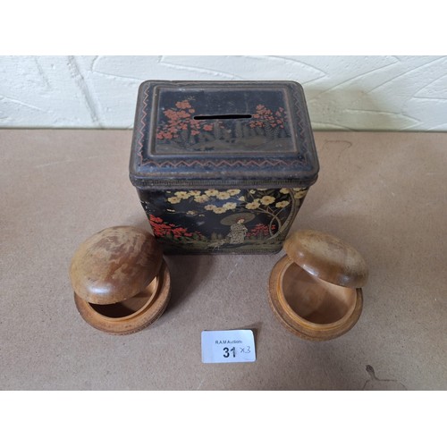 31 - Oriental Money Box and Two Treen Asian Pots