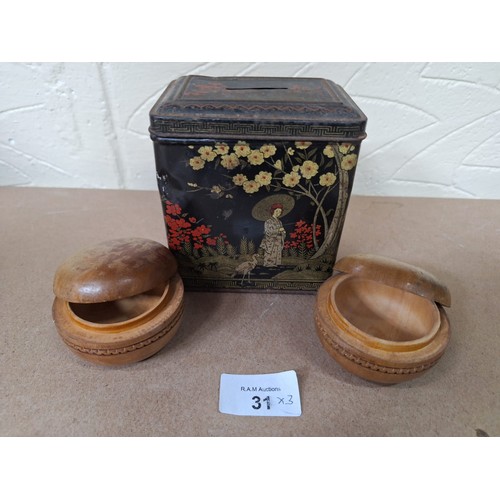 31 - Oriental Money Box and Two Treen Asian Pots