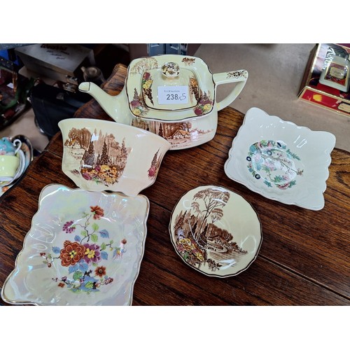 238 - Myott and Sons Tea Pot, Sugar and Tray In The Homeland Design and 2 Sadler Dishes