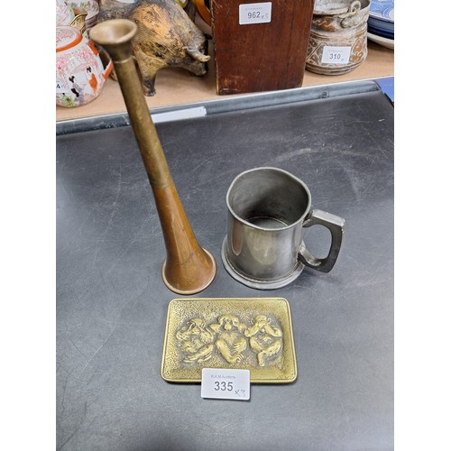 335 - Bronze Monkey Tray, Copper Brass Horn and a Pewter Tankard