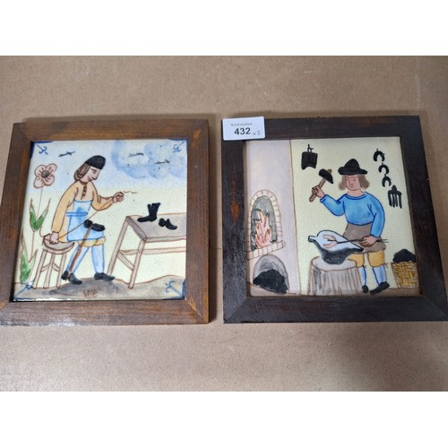 432 - Hand Painted and Signed Framed Collectable Tiles x2 By Bert