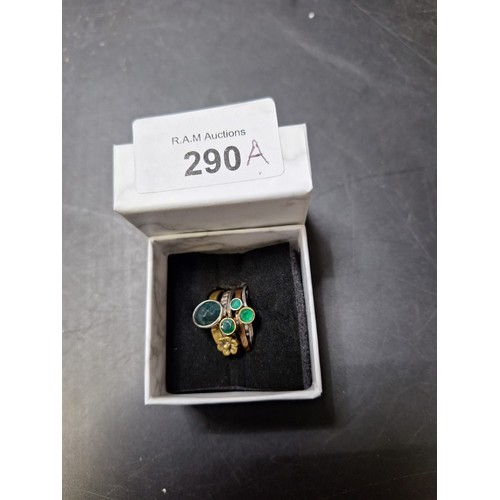 290A - 925 Silver and Gold 5 Piece Ring With Green Stones