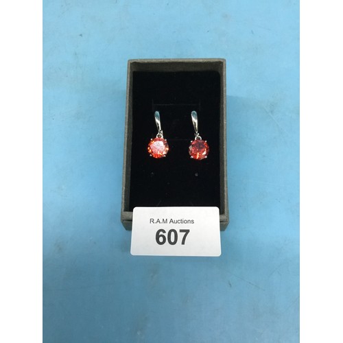 607 - 925 Silver Earrings Set With a Large Red Zircon