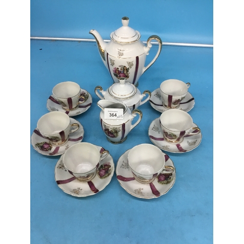 364 - China Foreign Coffee Set to Include Coffee Pot, Sugar Bowl, Milk Jug and 6 Cups & Saucers