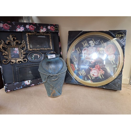 598 - New in box clock + picture frame + vase