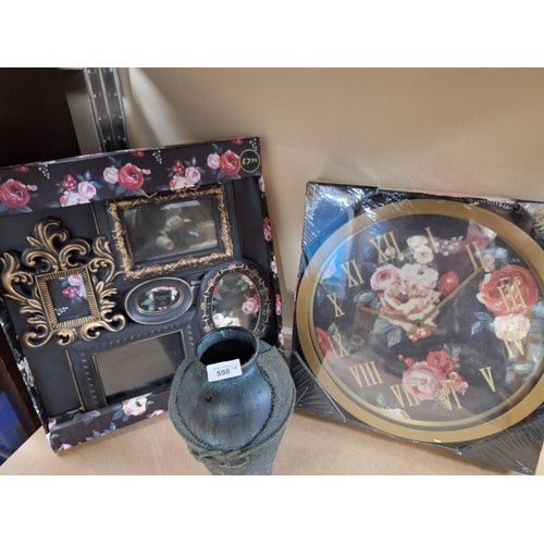 598 - New in box clock + picture frame + vase