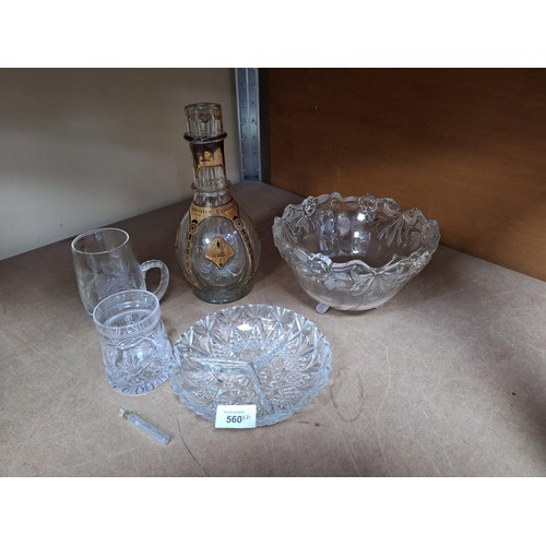 560 - Glassware x6 to inc. glass vile,decanter,4way dish bowl tankard