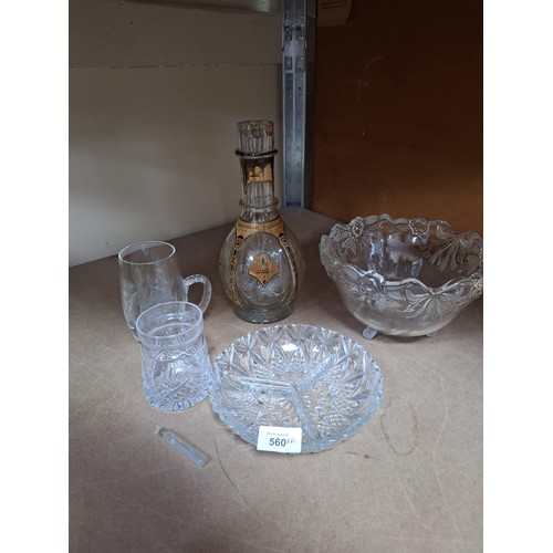 560 - Glassware x6 to inc. glass vile,decanter,4way dish bowl tankard