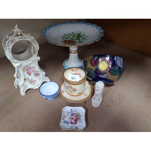 561 - Ceramics x8 to inc. royal Stanley,fruit,Victoria cake stand,ceramic clock case ,Chinese dog,orlo t-p... 