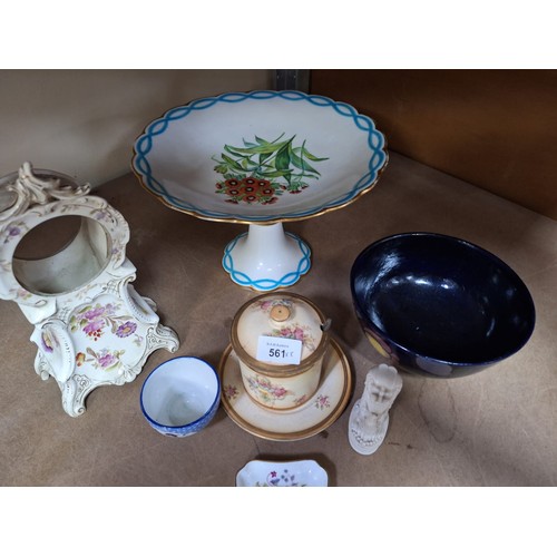 561 - Ceramics x8 to inc. royal Stanley,fruit,Victoria cake stand,ceramic clock case ,Chinese dog,orlo t-p... 