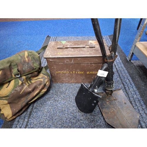 425 - Military Ammunition Smoke Box and a Canvas Military Bag Containing 2 New Collapsible Shovels