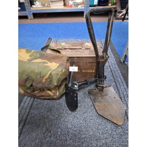 425 - Military Ammunition Smoke Box and a Canvas Military Bag Containing 2 New Collapsible Shovels