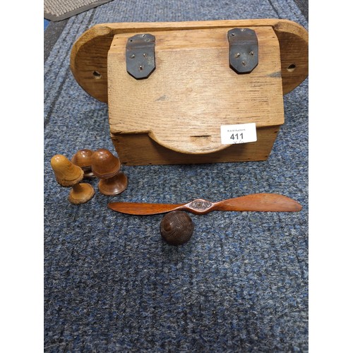 411 - Vintage/Antique Treen x6 to Include Church Box, Propeller, Burwood Mushroom and a Chinese Stress Bal... 