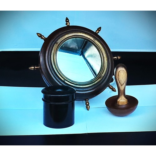 159 - Ships Wheel Mirror + Ebony Inkwell + Darning Mushroom