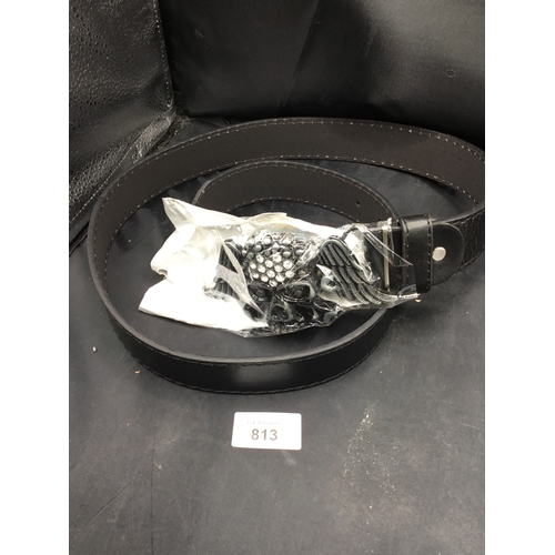 813 - Black leather skull belt