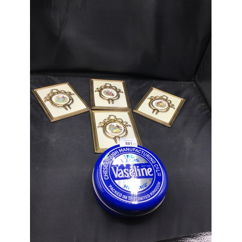 881 - Mounted Ceramic Plaques in Brass Type Frames and a 150 Years Vaseline Tin