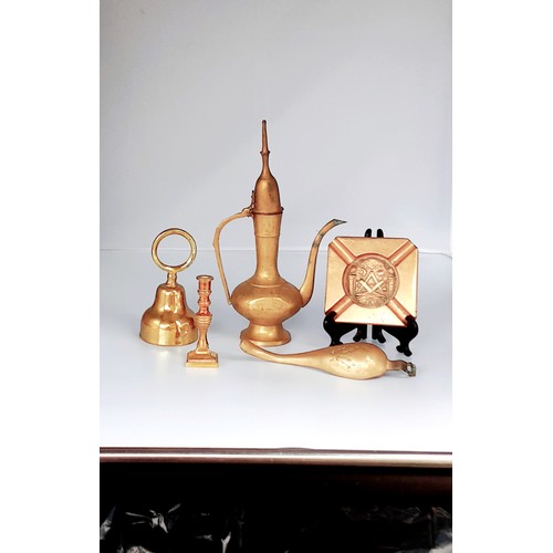 900 - 5 x Items of Brass -  / Bell / Candlestick / Ash Tray / Pot / Hook