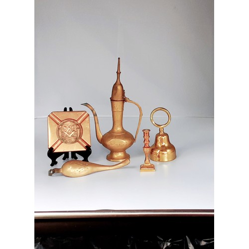 900 - 5 x Items of Brass -  / Bell / Candlestick / Ash Tray / Pot / Hook