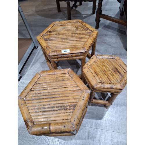 946 - Vintage Bamboo Stools x3 (14” 12” 10”)