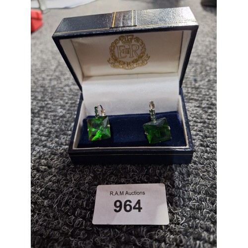 964 - Rare Royal Military Police Earrings Large Green Stones 925 and 6 Smaller Stones