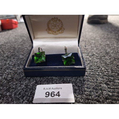 964 - Rare Royal Military Police Earrings Large Green Stones 925 and 6 Smaller Stones