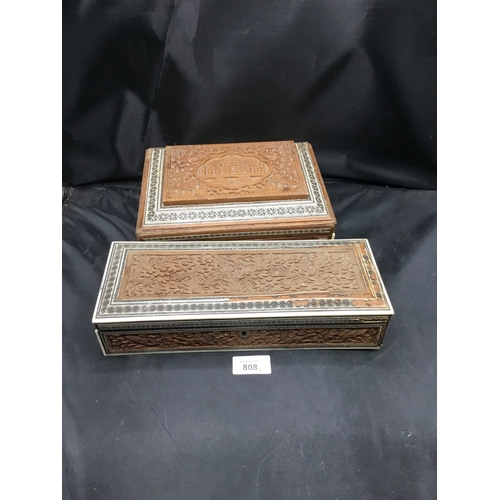 808 - Large carved wooden box + oblong box