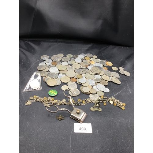 490 - Box of Assorted Coins, Vintage Hair Trimmer, Chain, Metal Soldier and a Pin Badge