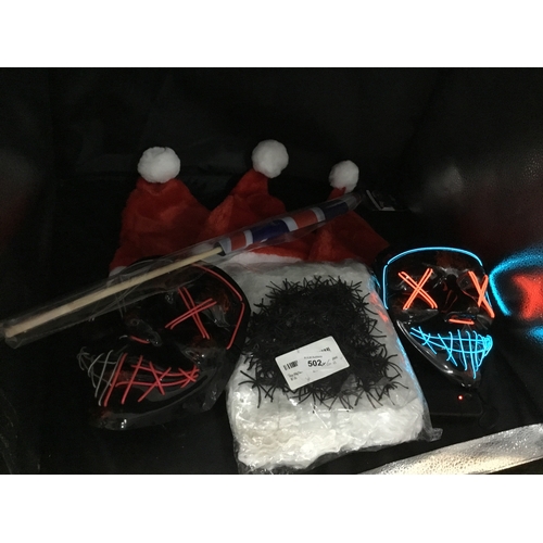 502 - Christmas and Halloween Lot To Include 3 Santa Hats, Spiders Web with Spiders, 2 Light Up Face Masks... 