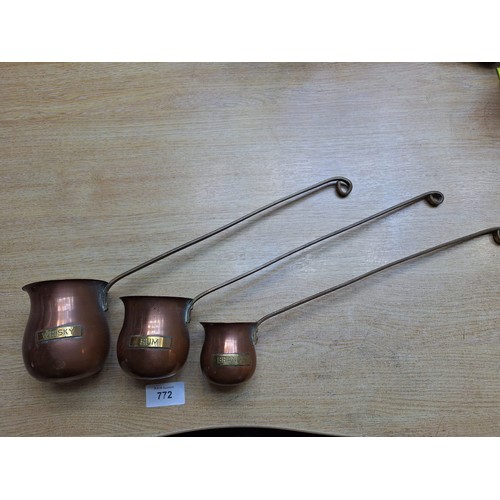 772 - Set Of Three Graduated Copper Ladles For Whiskey, Rum and Brandy