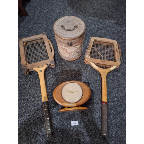 594 - Vintage Treen and a Box To Include Rackets, Covers, Smith Clock and Figures