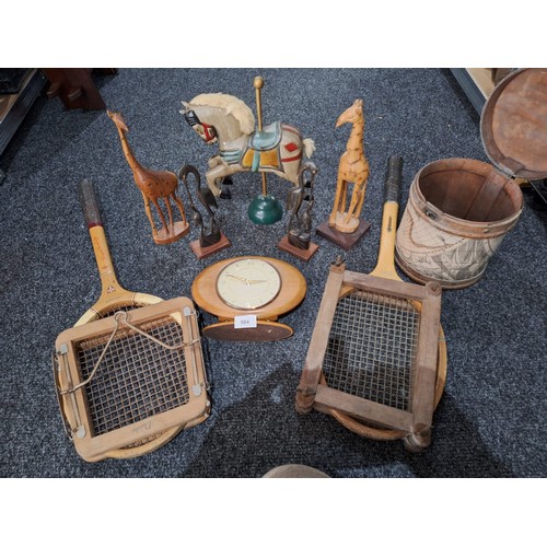 594 - Vintage Treen and a Box To Include Rackets, Covers, Smith Clock and Figures