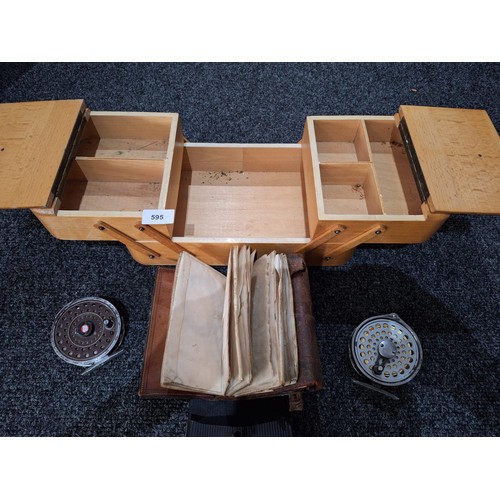 595 - Vintage Fishing Reels x2, Tool Box and an Antique Fly Folder With Some Flys