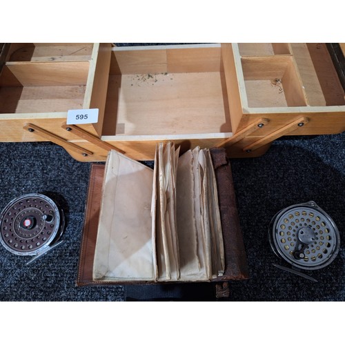 595 - Vintage Fishing Reels x2, Tool Box and an Antique Fly Folder With Some Flys