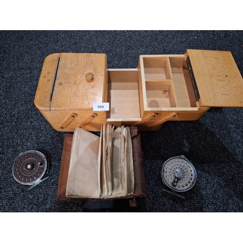 595 - Vintage Fishing Reels x2, Tool Box and an Antique Fly Folder With Some Flys